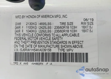 2019 Honda Cr-V Ex from USA, damaged, VIN 5J6RW1H54KA039158